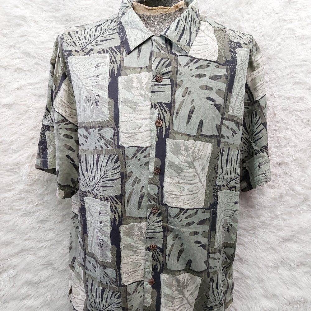 Caribbean Hawaiian Shirt Mens Silk Blend Gray Camp Tropical Size XL